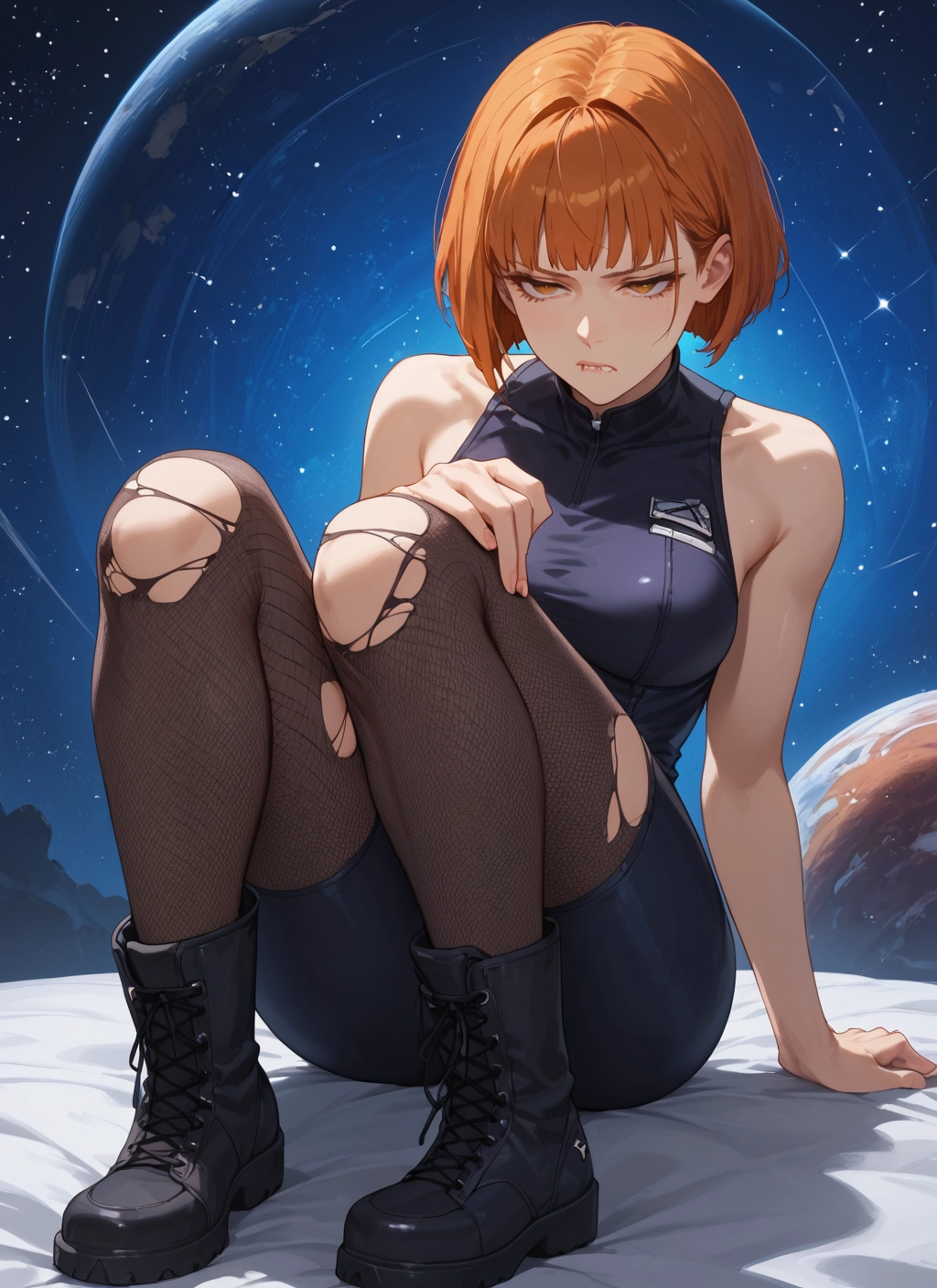 1girl, solo, torn clothes, short hair, pantyhose, boots · Yamete.gg