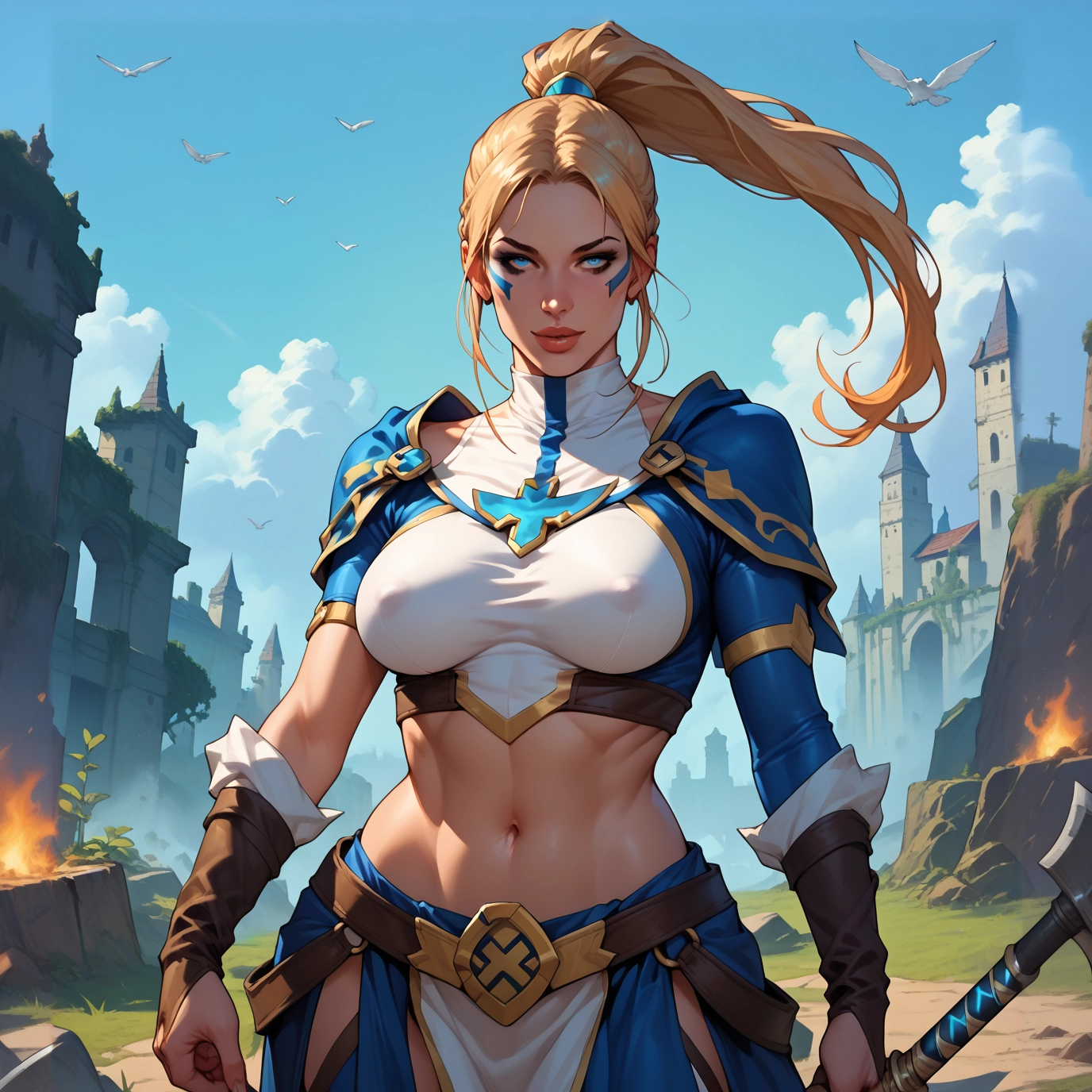 1girl, blonde hair, abs, blue eyes, armor, muscular female · Yamete.gg
