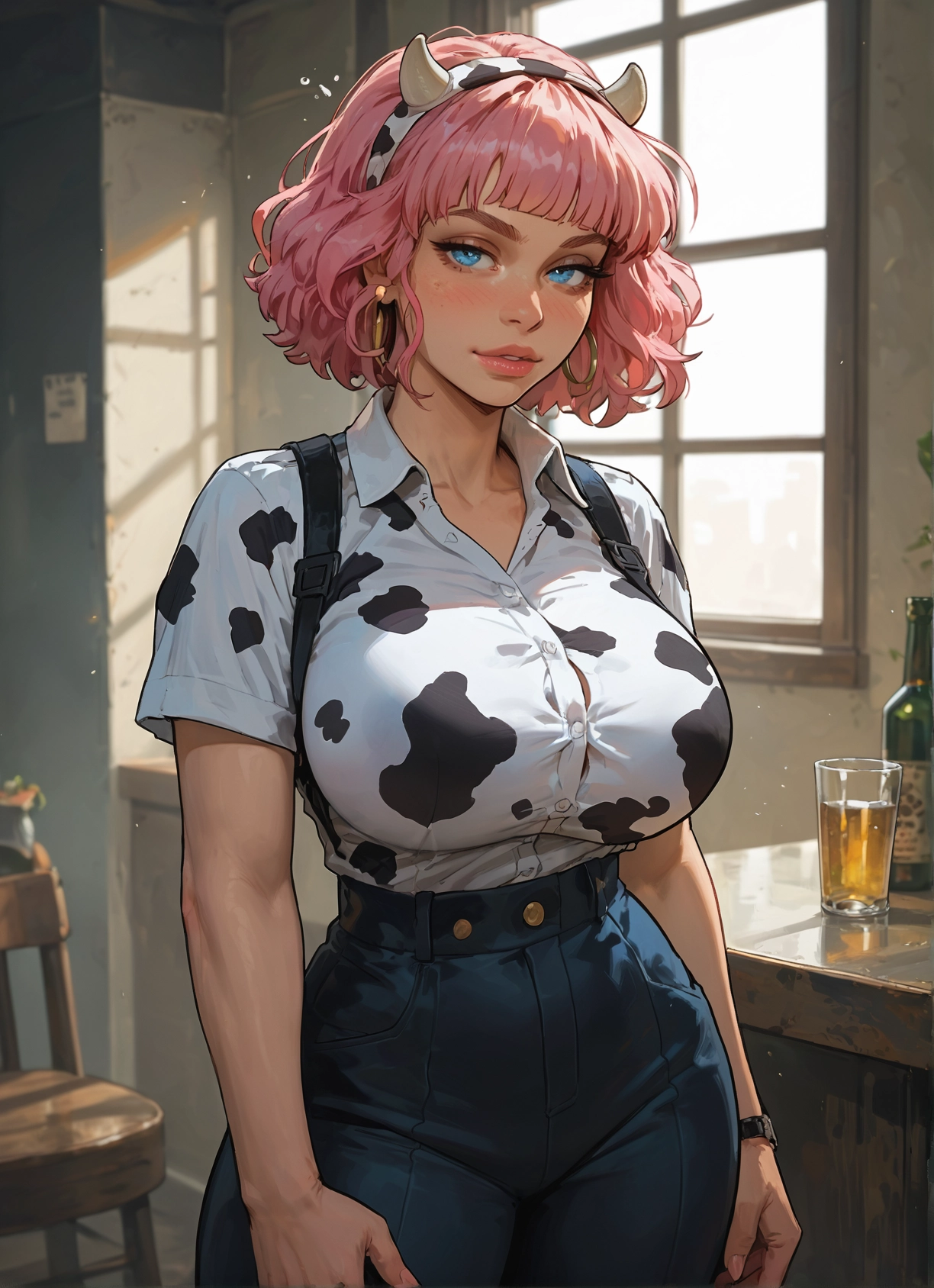 1girl, breasts, pink hair, animal print, cow print, blue eyes · Yamete.gg