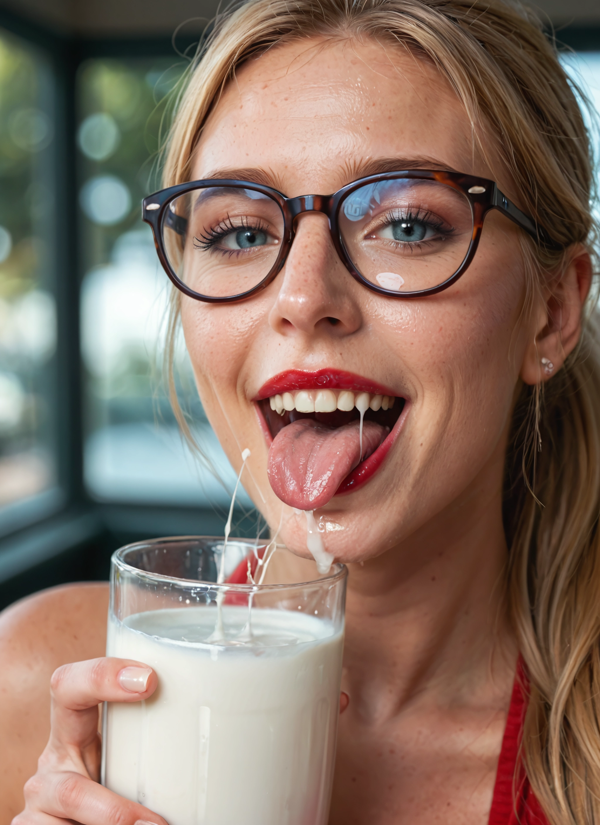 1girl, solo, glasses, tongue, jewelry, earrings · Yamete.gg