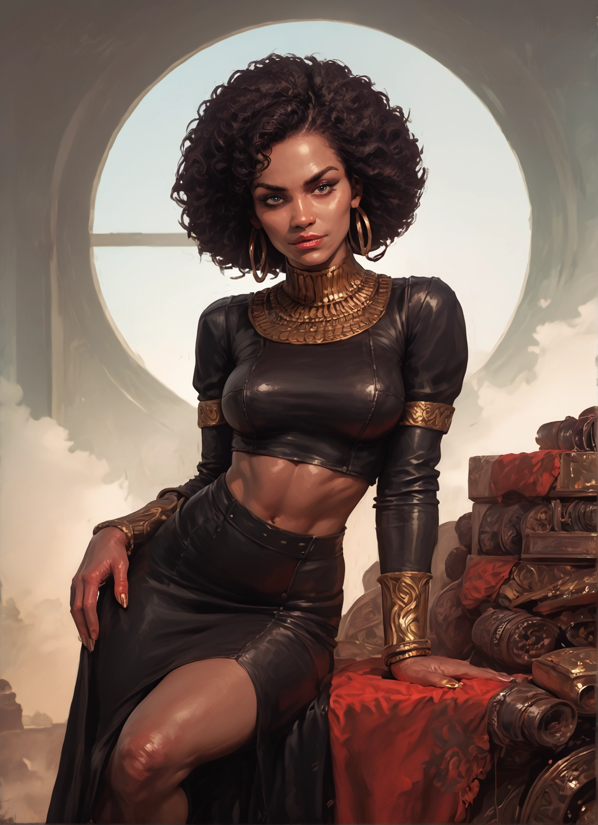 1girl, solo, jewelry, earrings, navel, midriff · Yamete.gg
