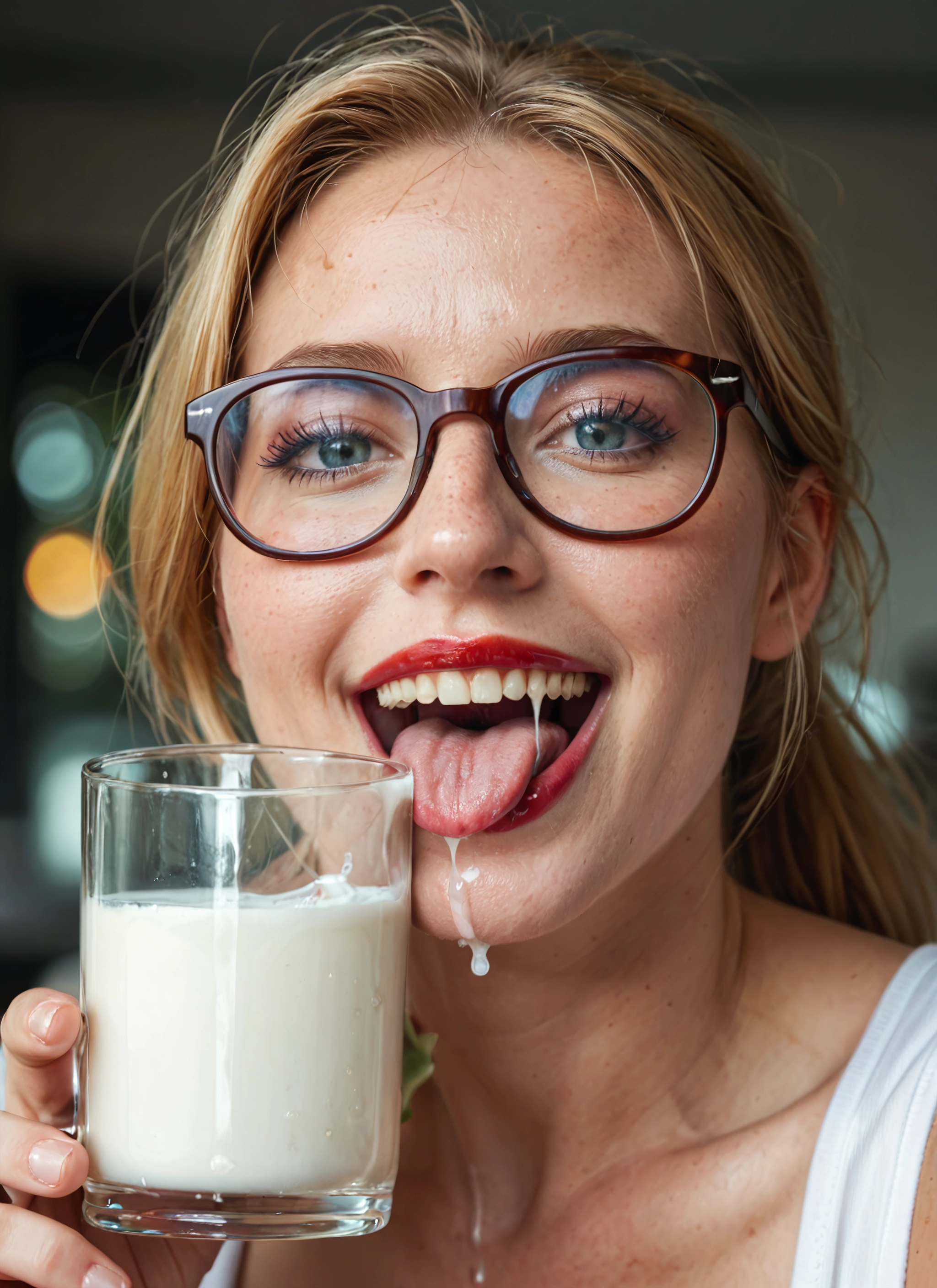 1girl, solo, glasses, cup, tongue, tongue out · Yamete.gg