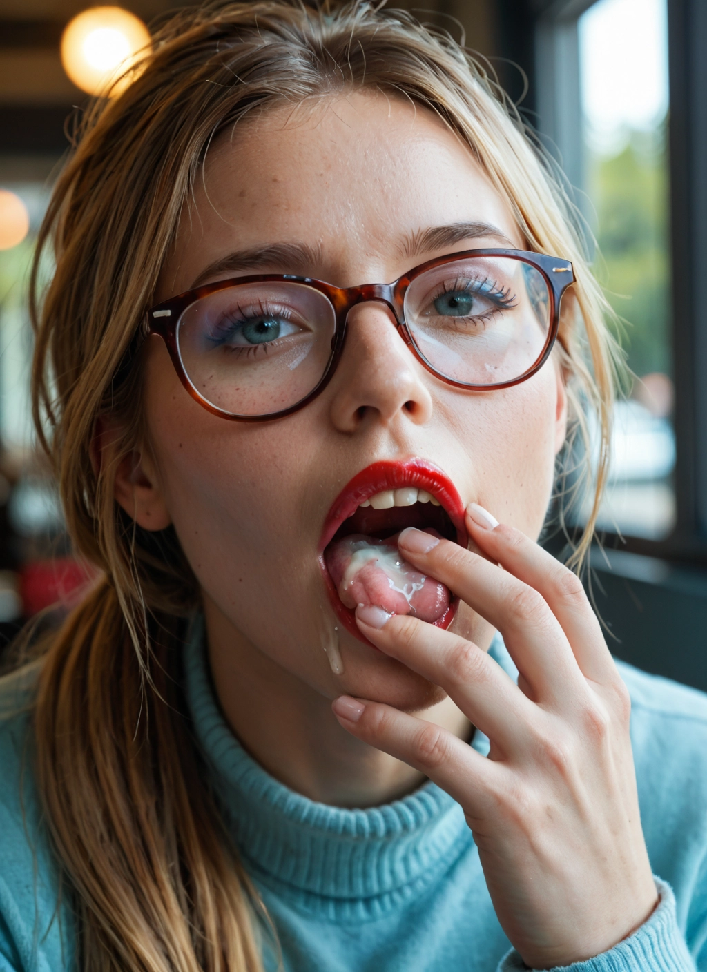 1girl, solo, glasses, cum, freckles, cum in mouth · Yamete.gg