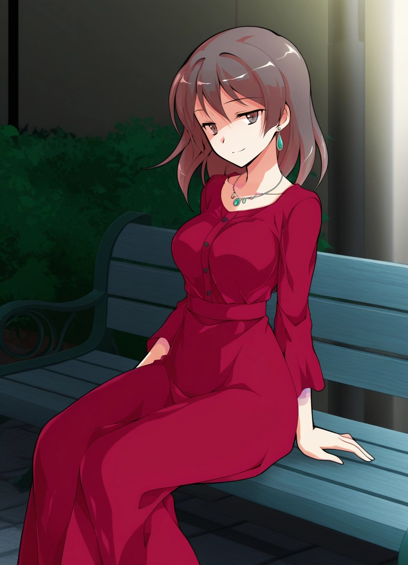 1girl, solo, jewelry, bench, dress, earrings · Yamete.gg