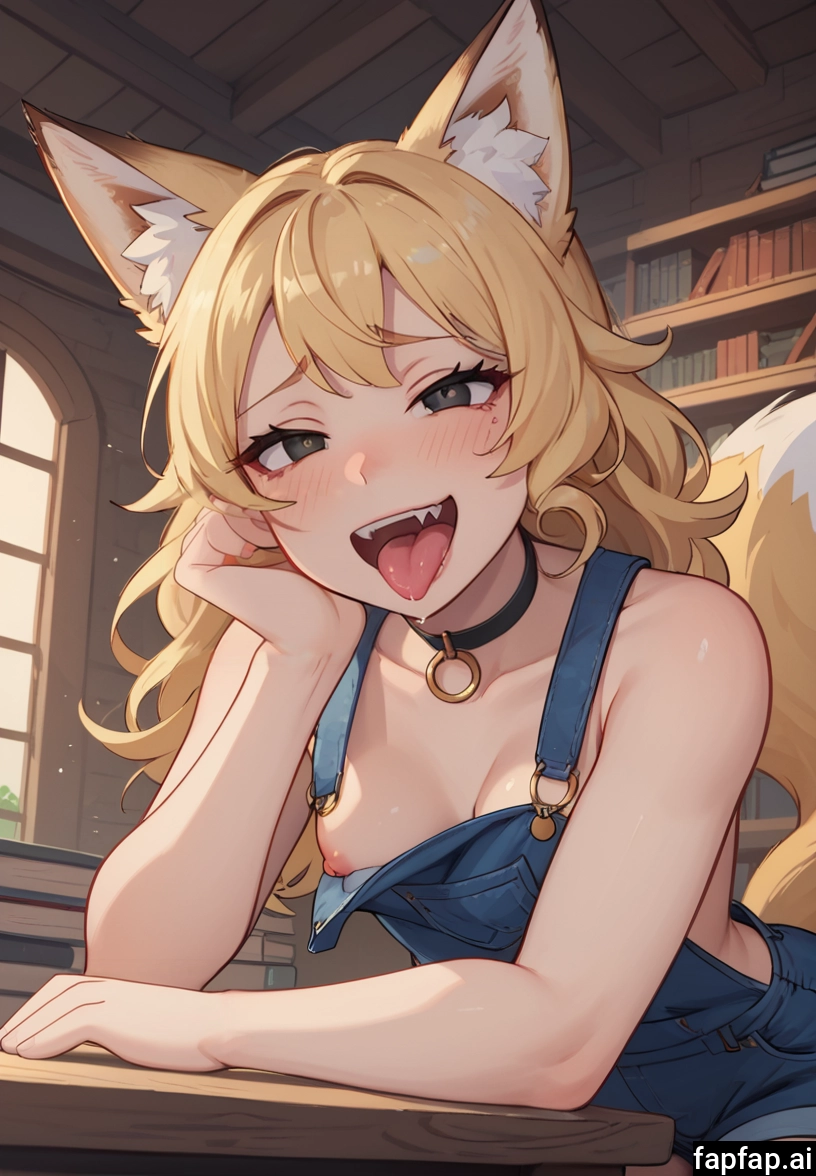 1girl, breasts, solo, animal ears, nipples, naked overalls · Yamete.gg