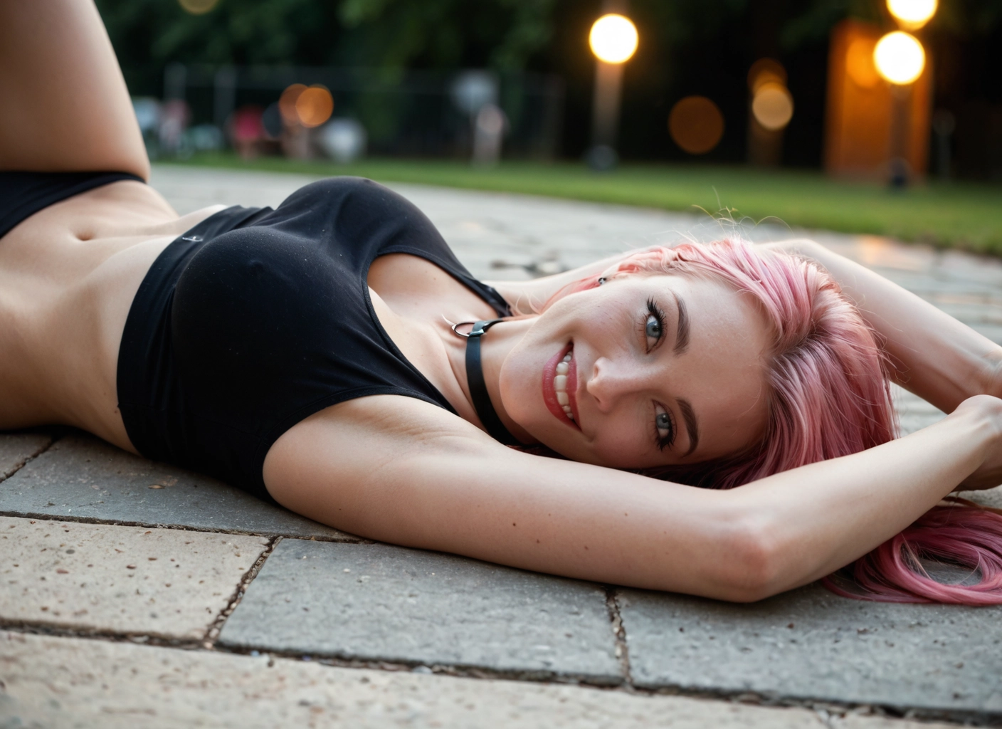 1girl, pink hair, breasts, lying, choker, navel · Yamete.gg