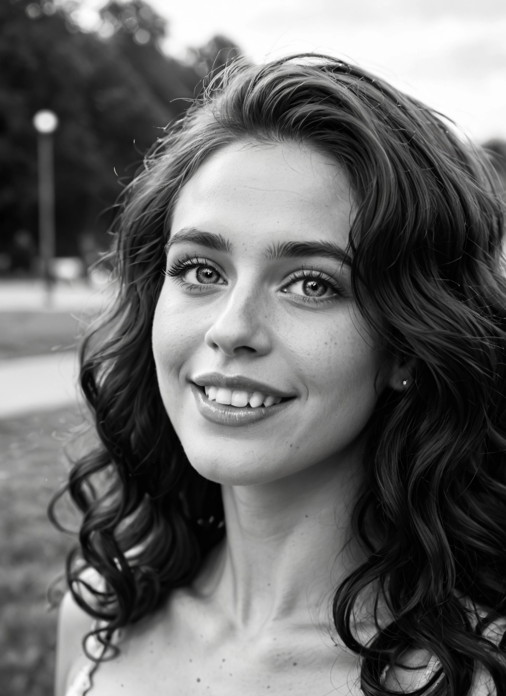 1girl, solo, monochrome, greyscale, freckles, smile · Yamete.gg