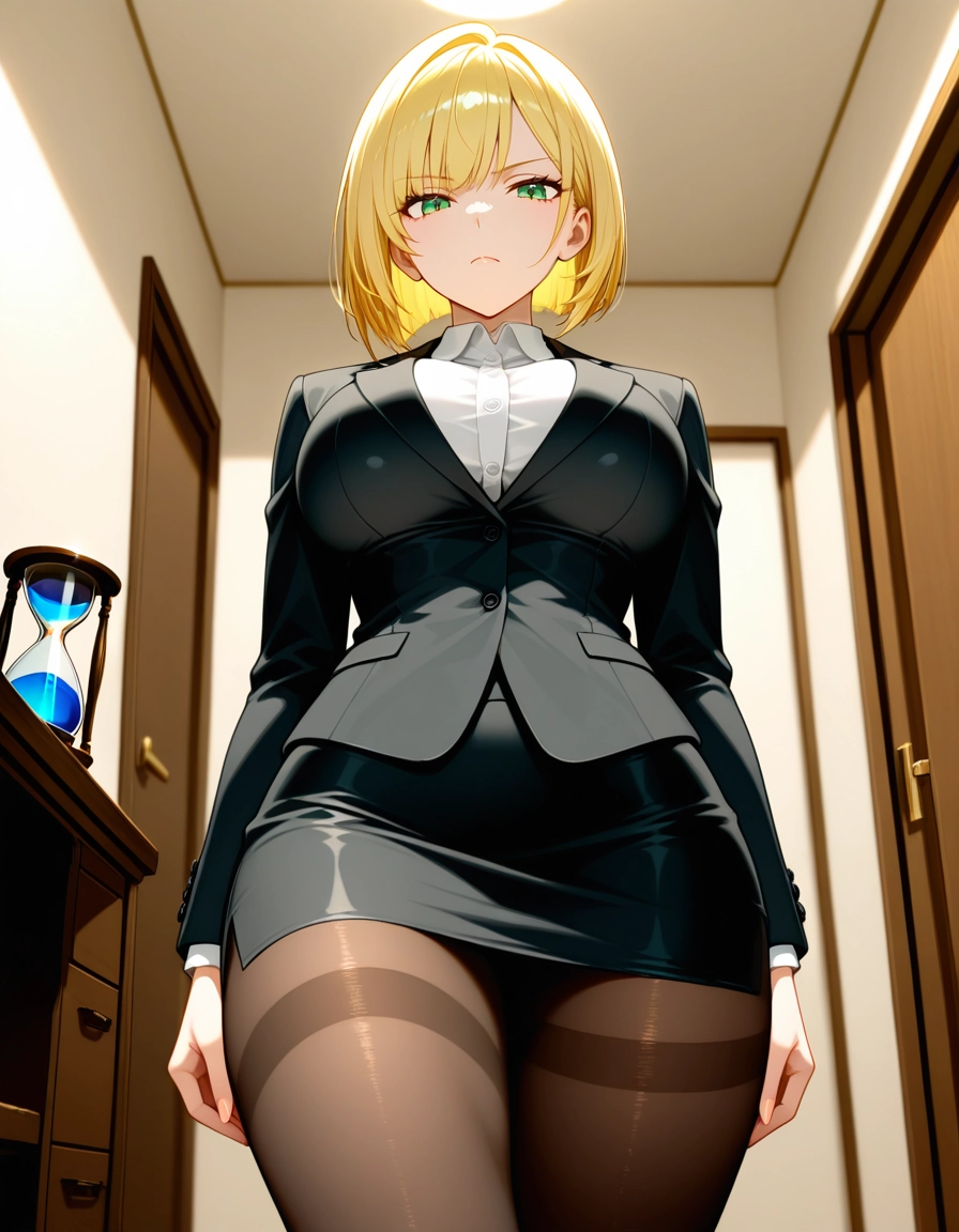 1girl, blonde hair, pantyhose, solo, green eyes, skirt · Yamete.gg