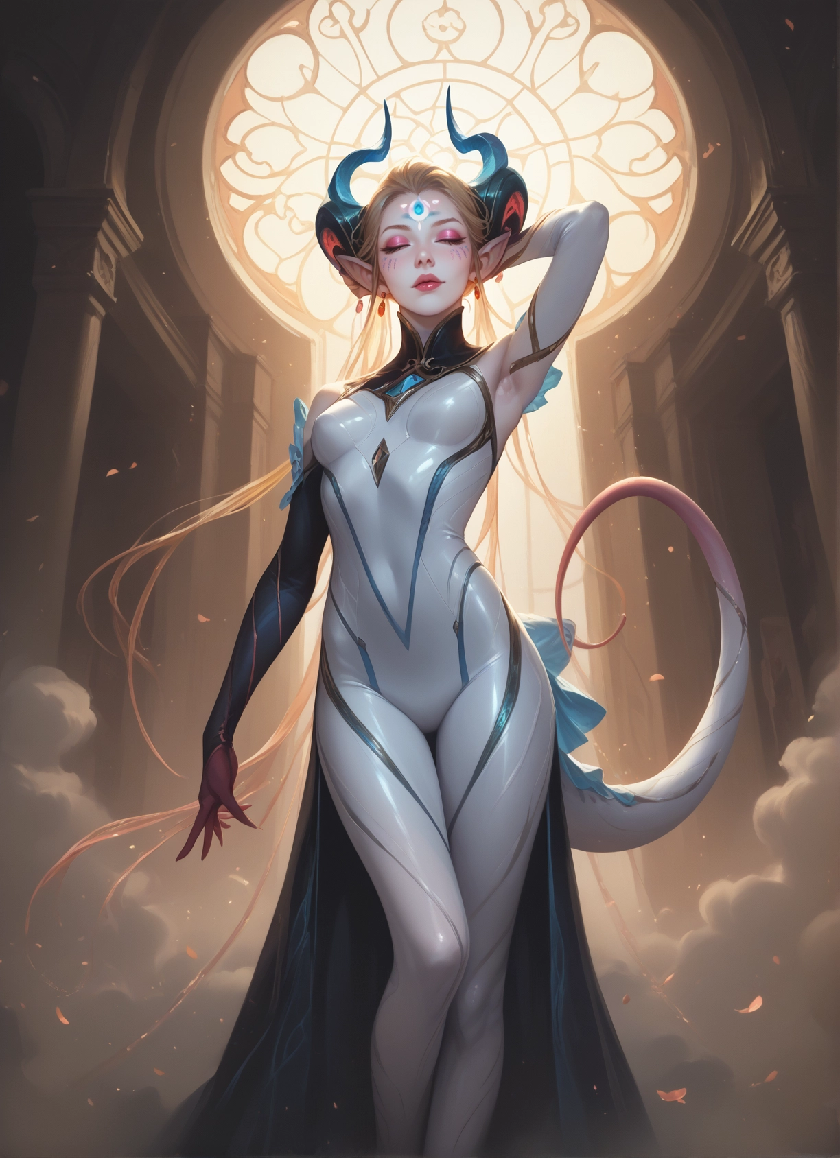 1girl, horns, solo, tail, pointy ears, armpits · Yamete.gg