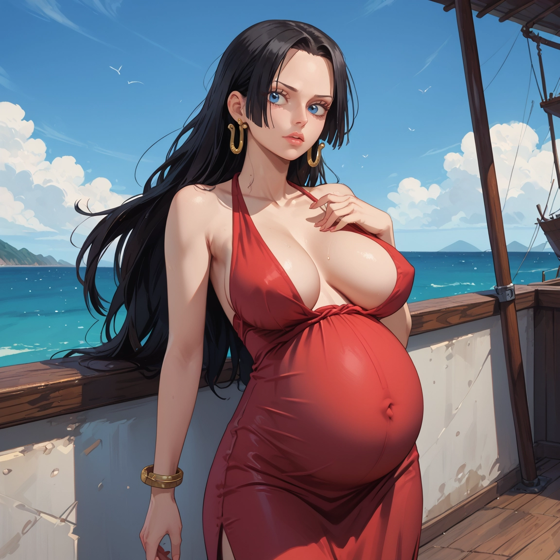 1girl, breasts, jewelry, dress, pregnant, earrings · Yamete.gg
