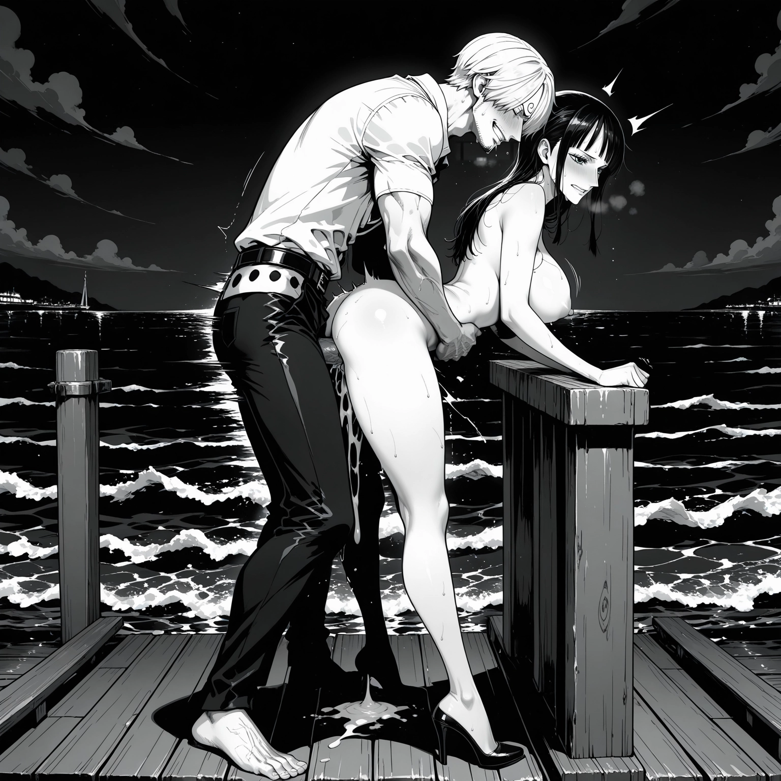1girl, 1boy, hetero, monochrome, clothed male nude female, greyscale · Yamete.gg