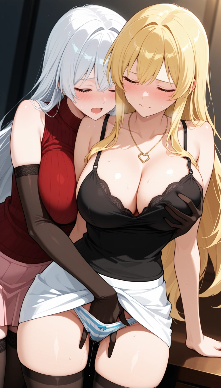 breasts, skirt, multiple girls, closed eyes, 2girls, blonde hair · Yamete.gg