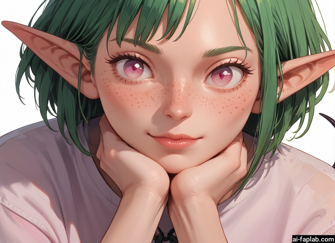 pointy ears, 1girl, green hair, freckles, looking at viewer, white background · Yamete.gg