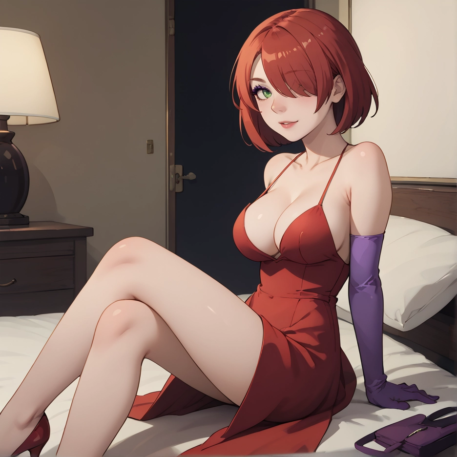 breasts, 1girl, gloves, dress, green eyes, elbow gloves · Yamete.gg