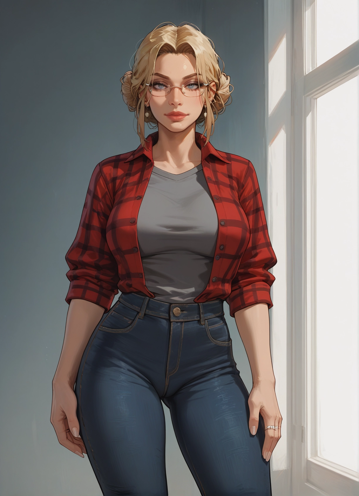1girl, blonde hair, pants, jewelry, glasses, ring · Yamete.gg