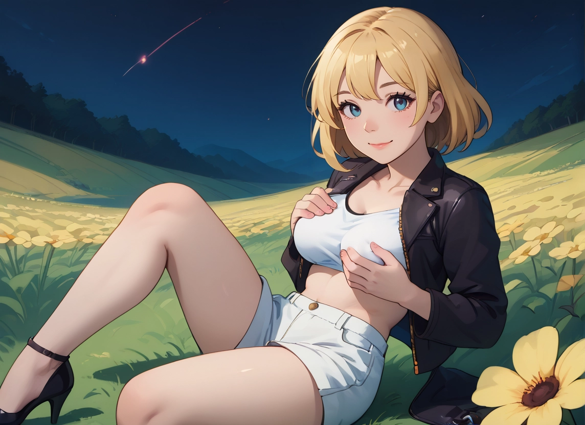 1girl, shorts, breasts, blue eyes, blonde hair, flower · Yamete.gg