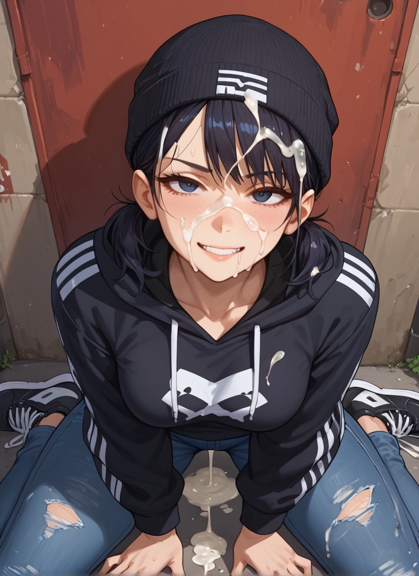 1girl, solo, hat, cum, facial, pants · Yamete.gg