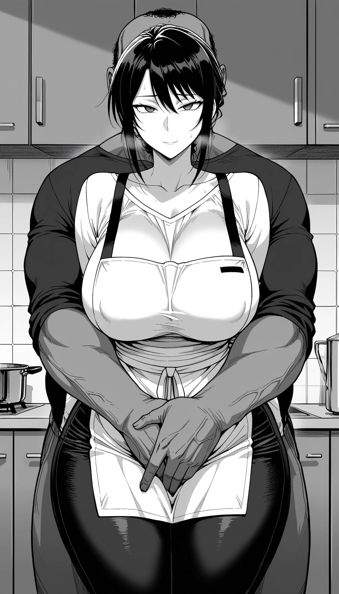 1girl, breasts, monochrome, 1boy, greyscale, kitchen · Yamete.gg