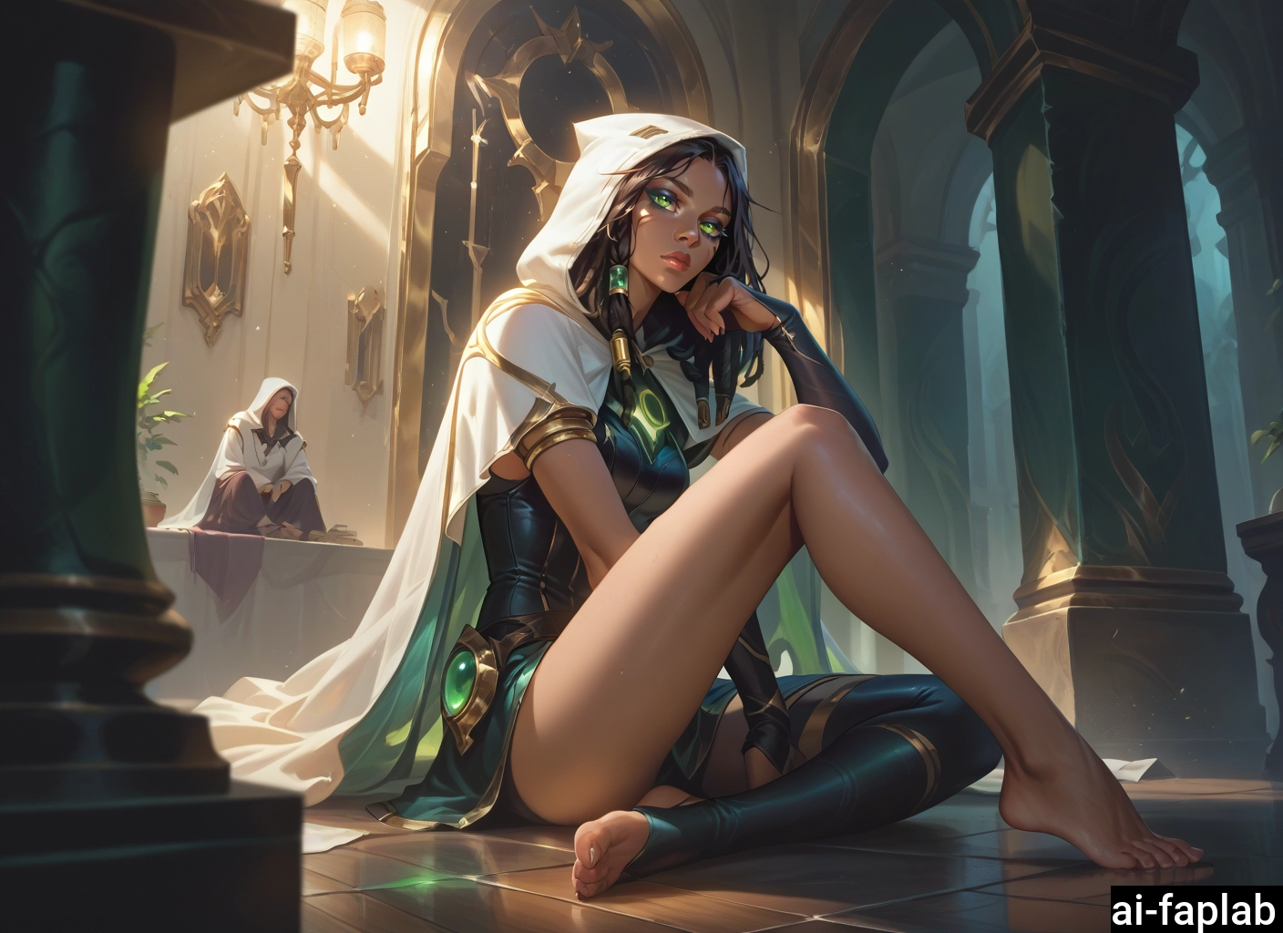 dark-skinned female, dark skin, green eyes, barefoot, sitting, single thighhigh · Yamete.gg