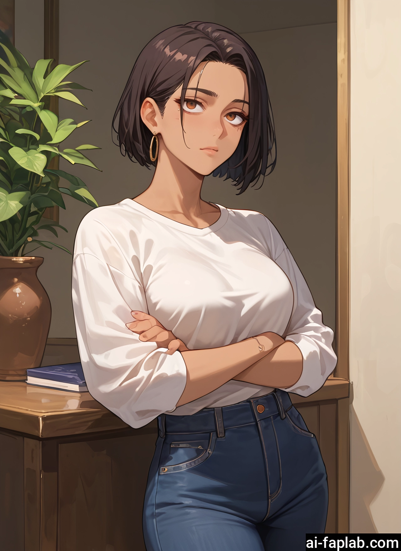 1girl, jewelry, earrings, pants, solo, short hair · Yamete.gg