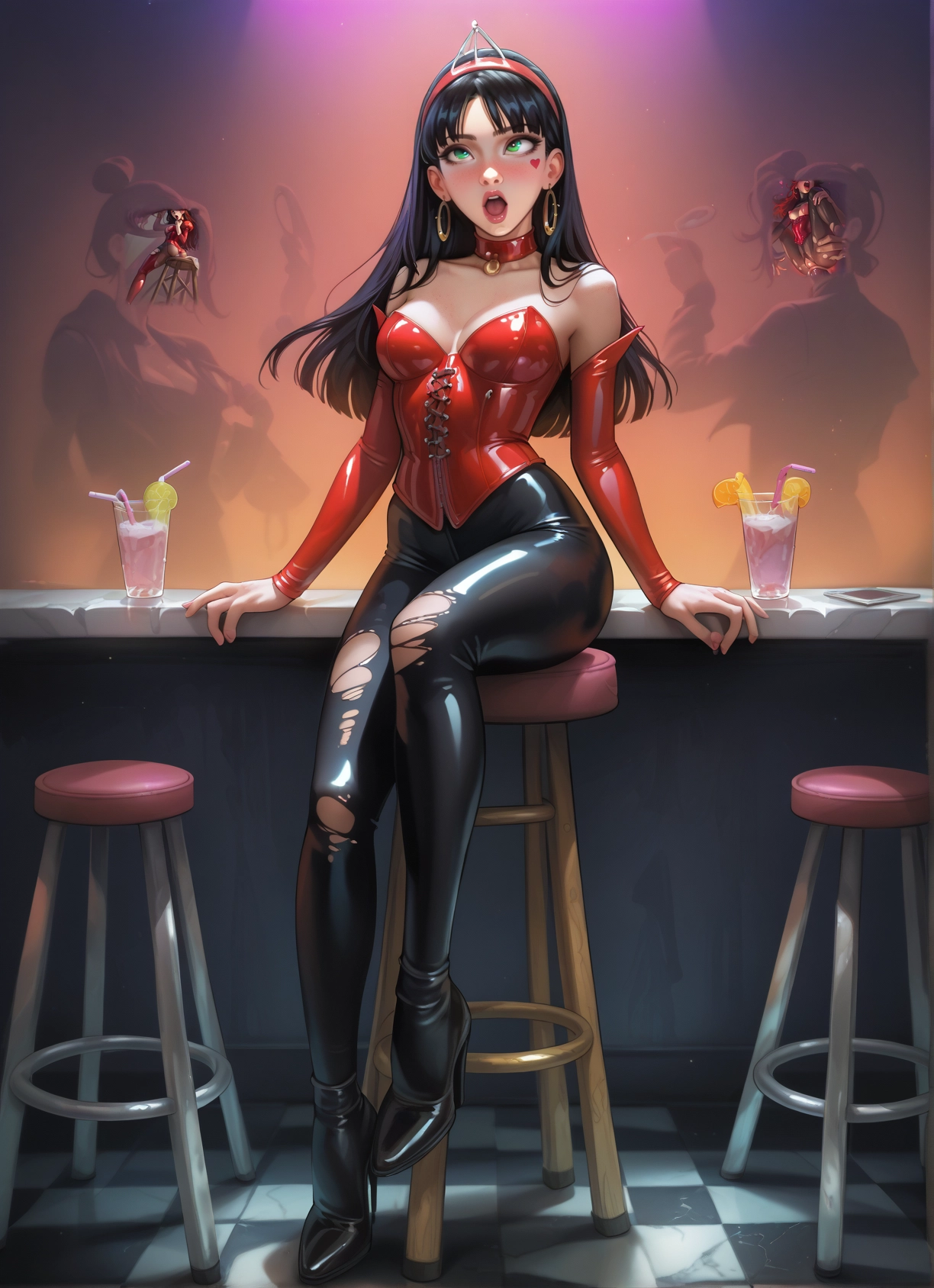 torn clothes, jewelry, earrings, black hair, breasts, long hair · Yamete.gg