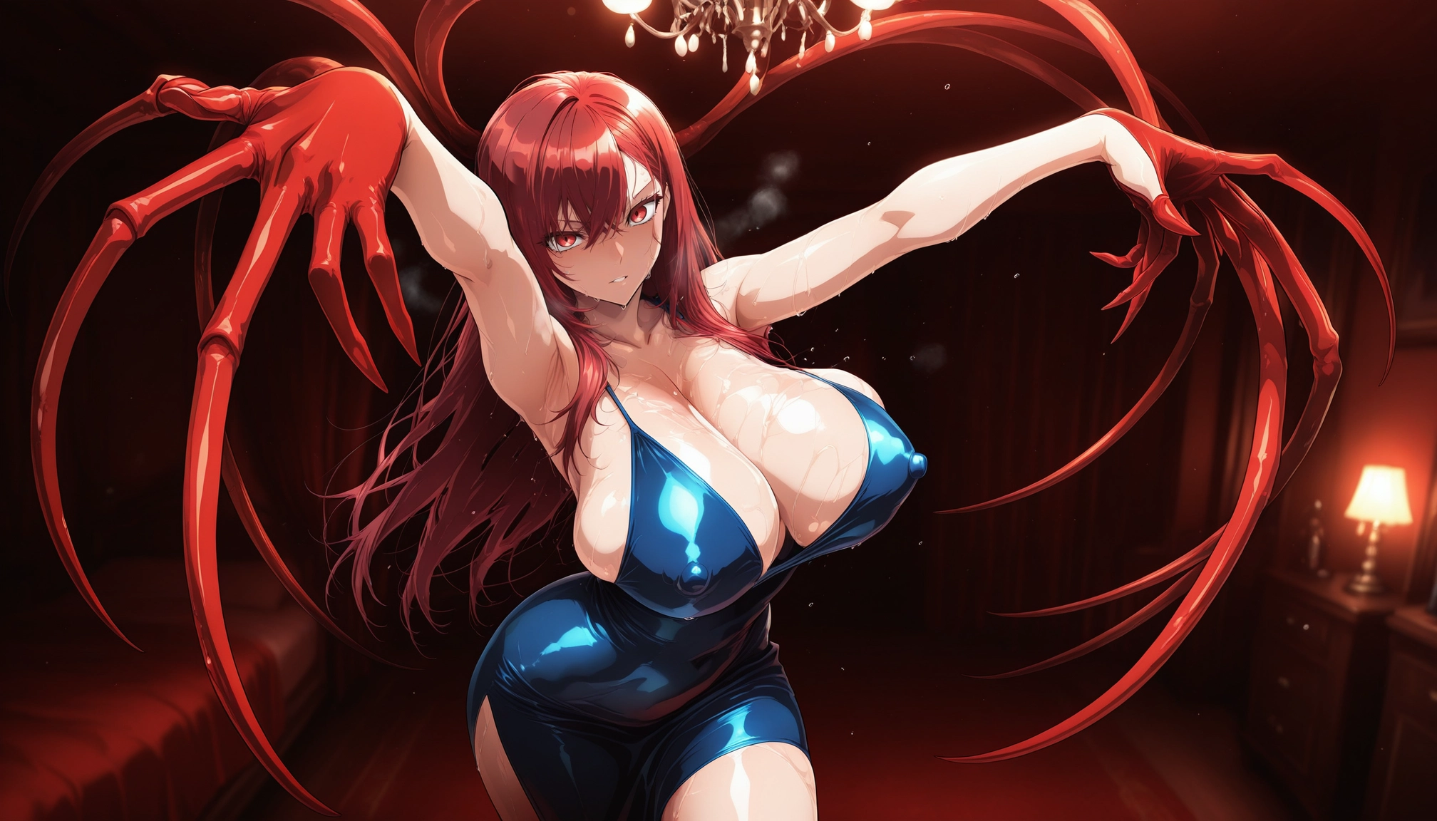 1girl, breasts, red hair, covered nipples, solo, sweat · Yamete.gg