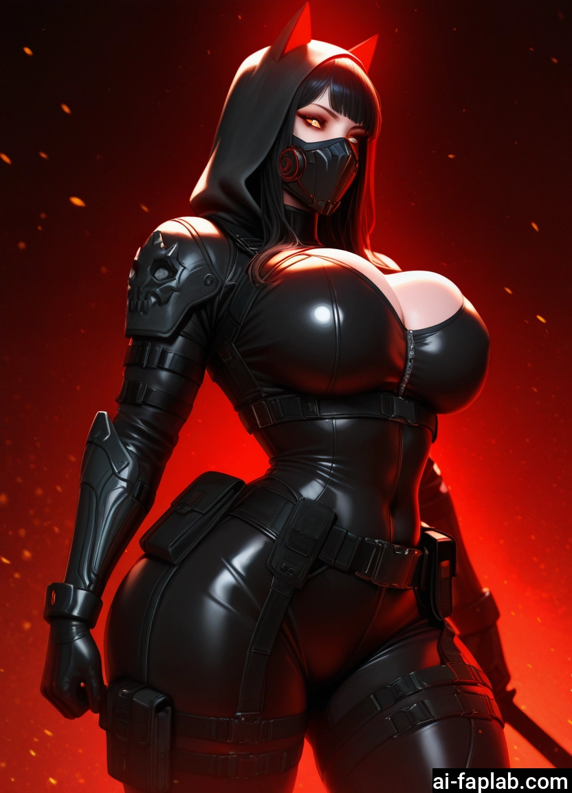 1girl, breasts, mask, bodysuit, hood, solo