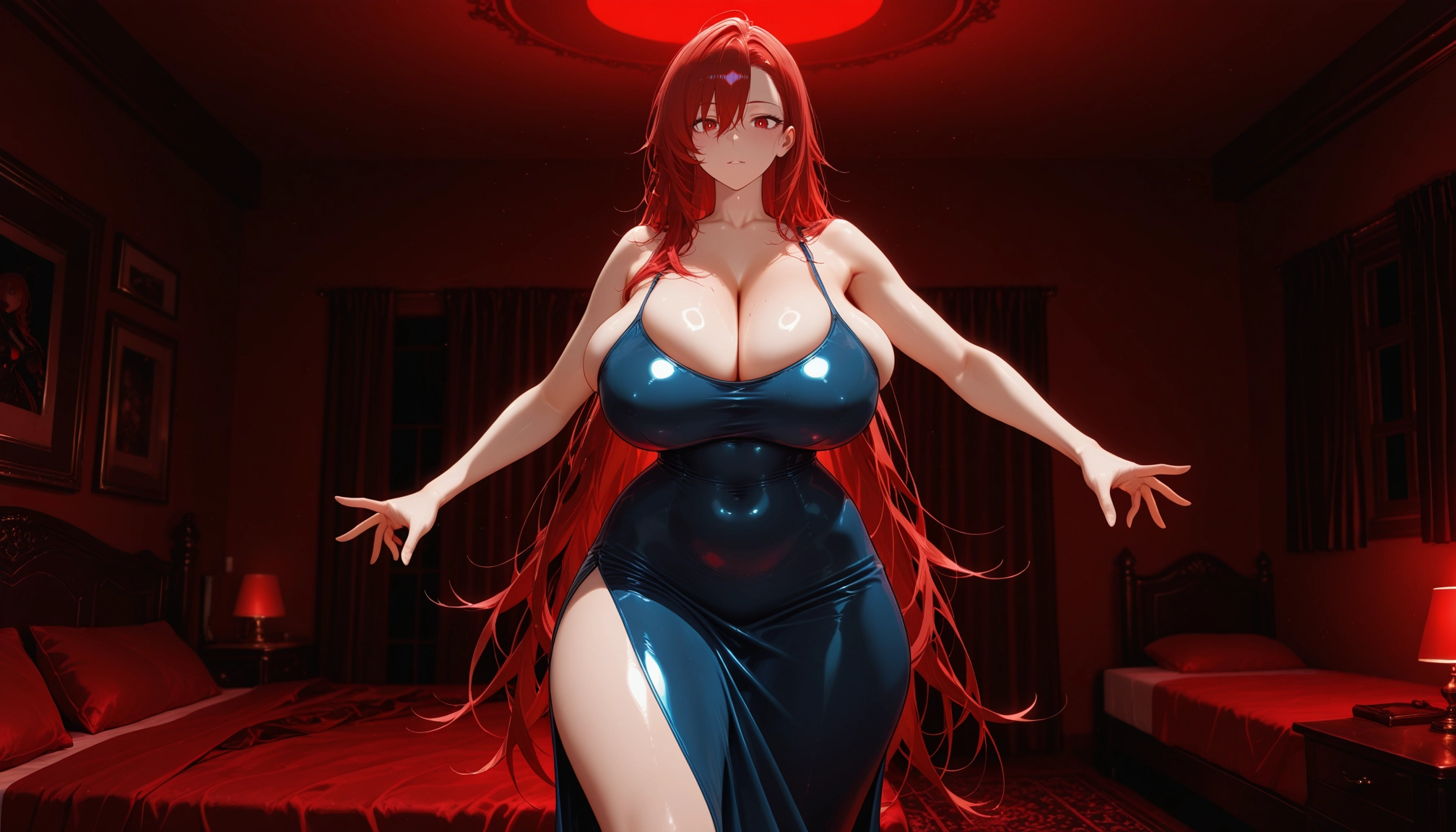 1girl, breasts, dress, long hair, red hair, red eyes · Yamete.gg