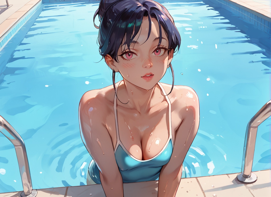 1girl, breasts, solo, cleavage, pool, swimsuit · Yamete.gg