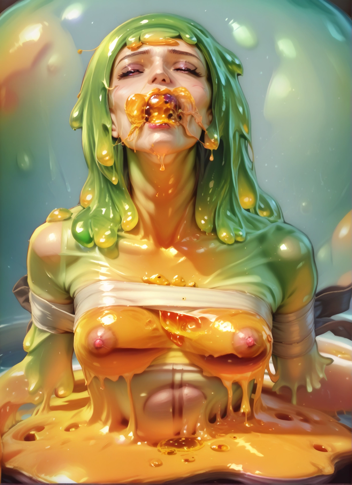 1girl, breasts, nipples, slime girl, monster girl, green hair · Yamete.gg