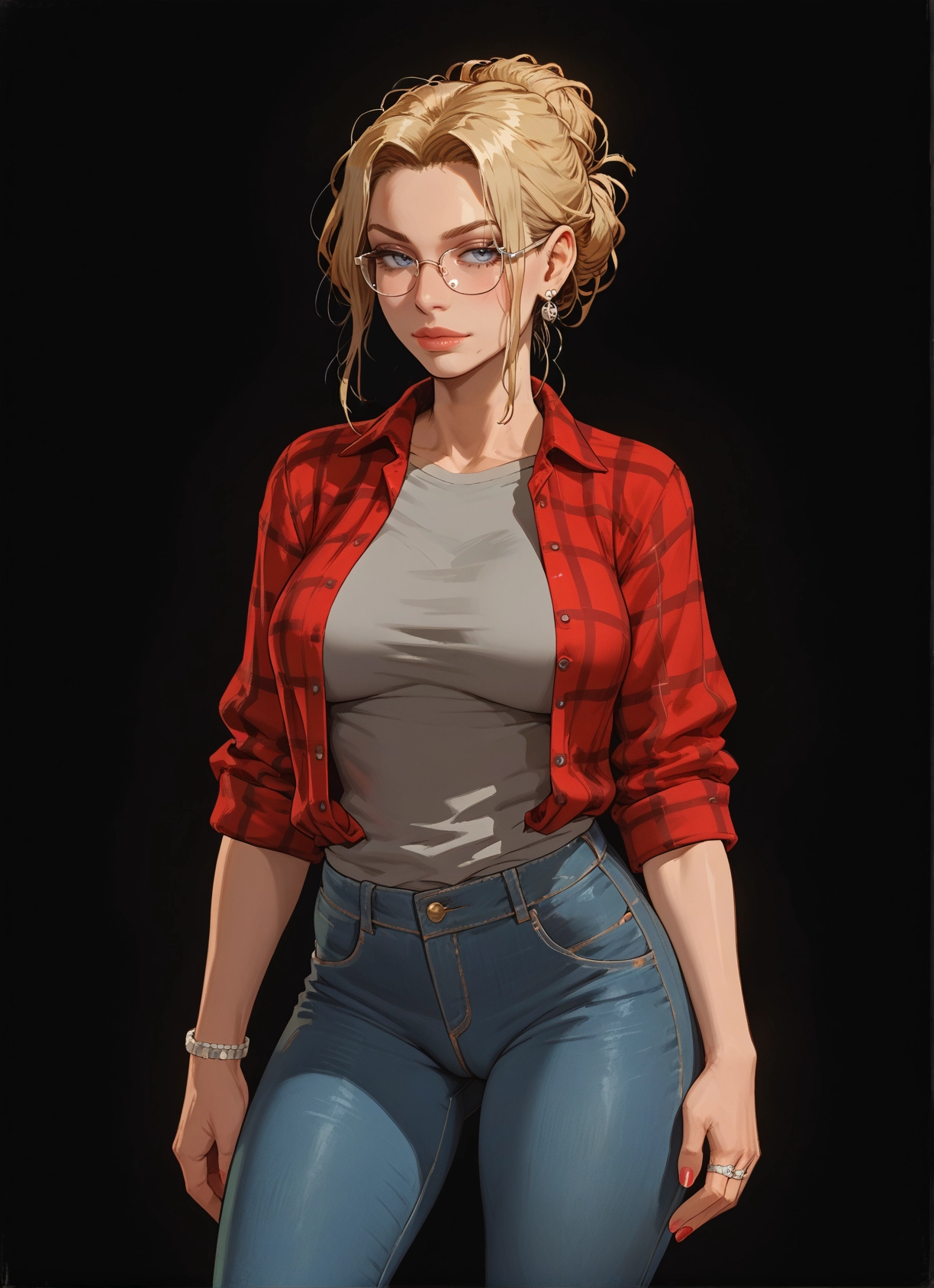 1girl, jewelry, blonde hair, glasses, pants, solo · Yamete.gg