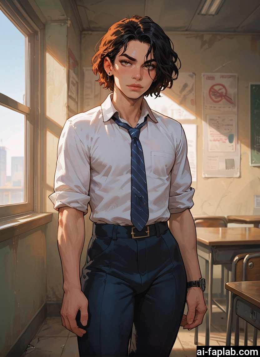 necktie, solo, pants, 1girl, classroom, shirt · Yamete.gg