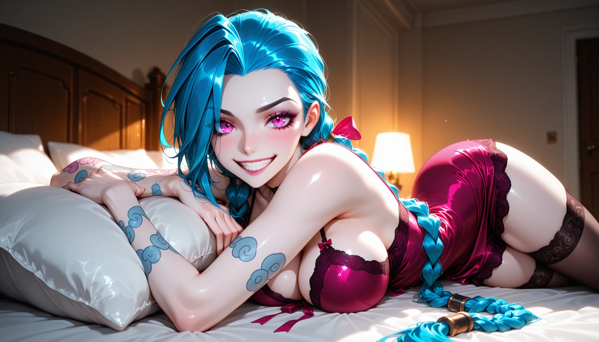 1girl, jinx (league of legends), breasts, tattoo, solo, smile · Yamete.gg