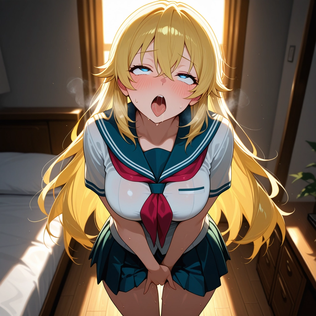 1girl, breasts, skirt, blonde hair, solo, open mouth · Yamete.gg