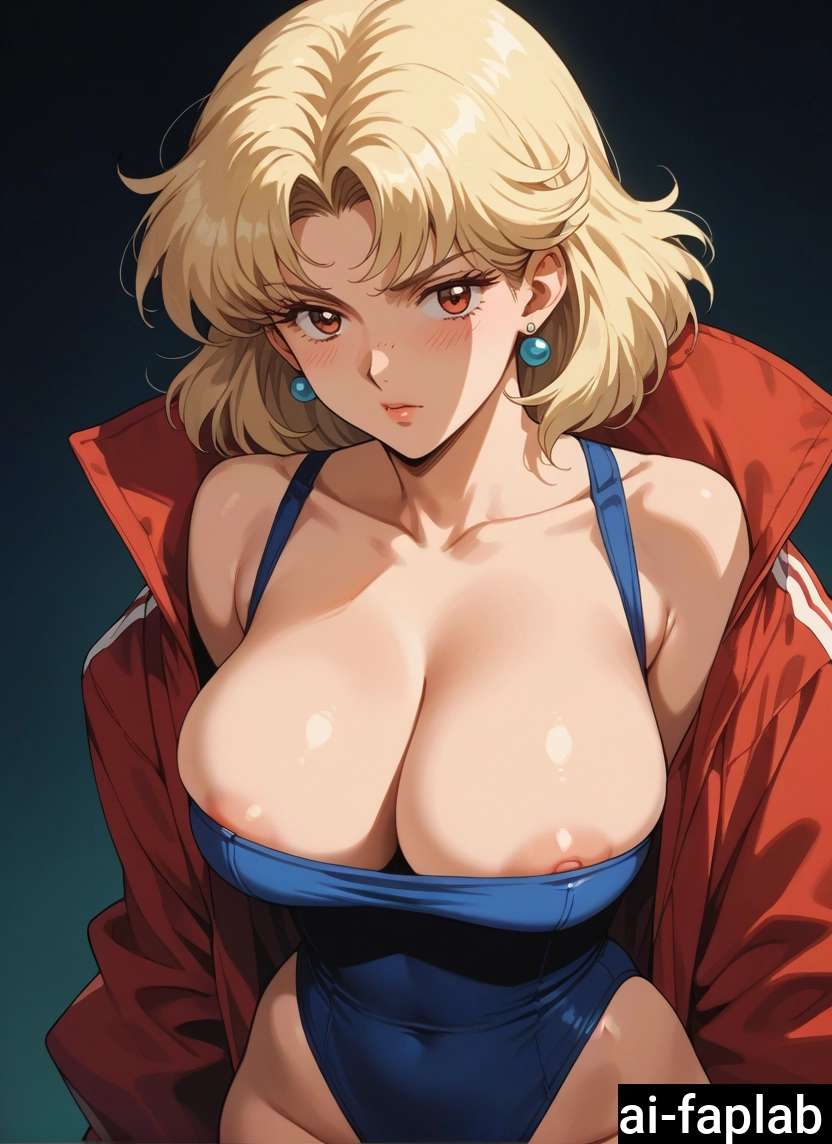 1girl, breasts, solo, blonde hair, jewelry, jacket