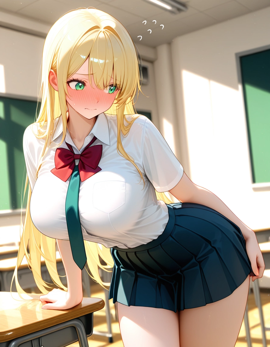 1girl, blonde hair, classroom, solo, long hair, skirt · Yamete.gg