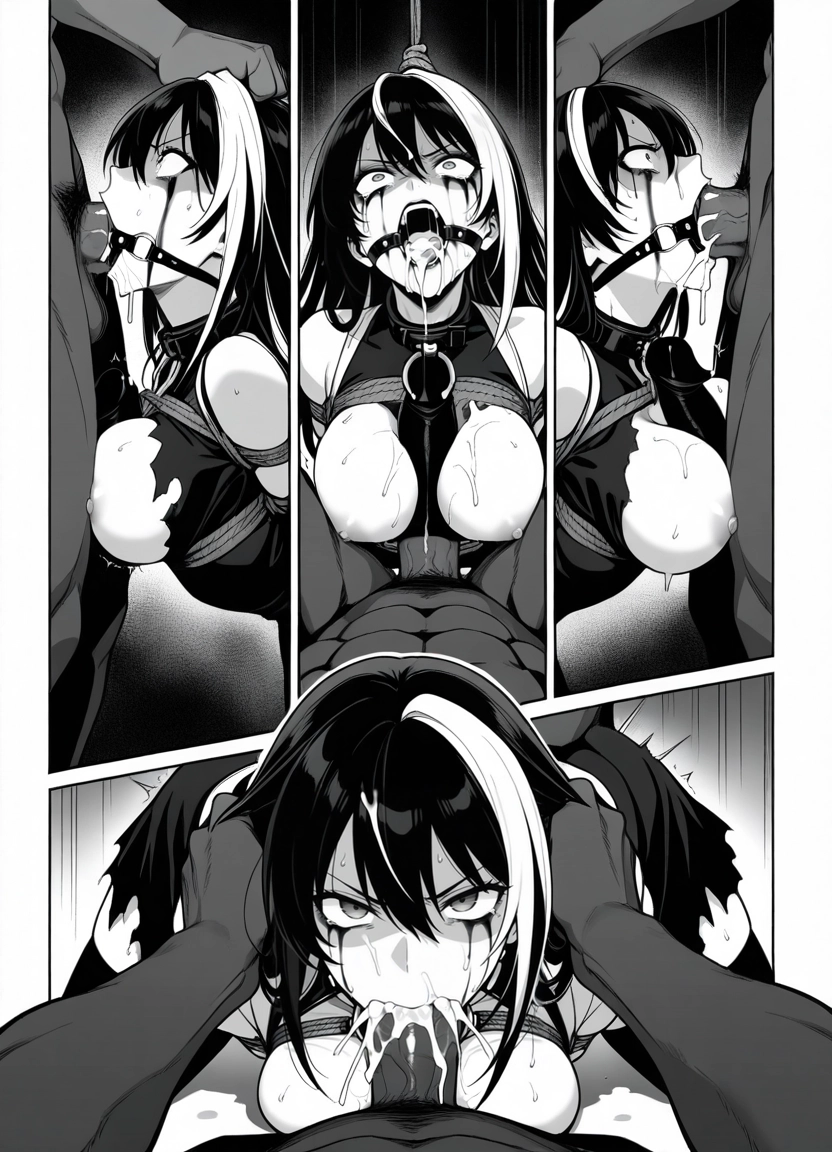 1girl, fellatio, cum in mouth, hetero, monochrome, greyscale · Yamete.gg