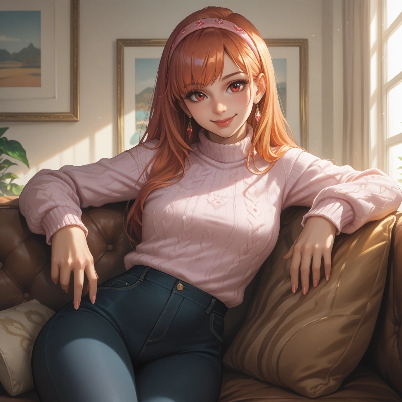 1girl, jewelry, sweater, earrings, pants, solo · Yamete.gg