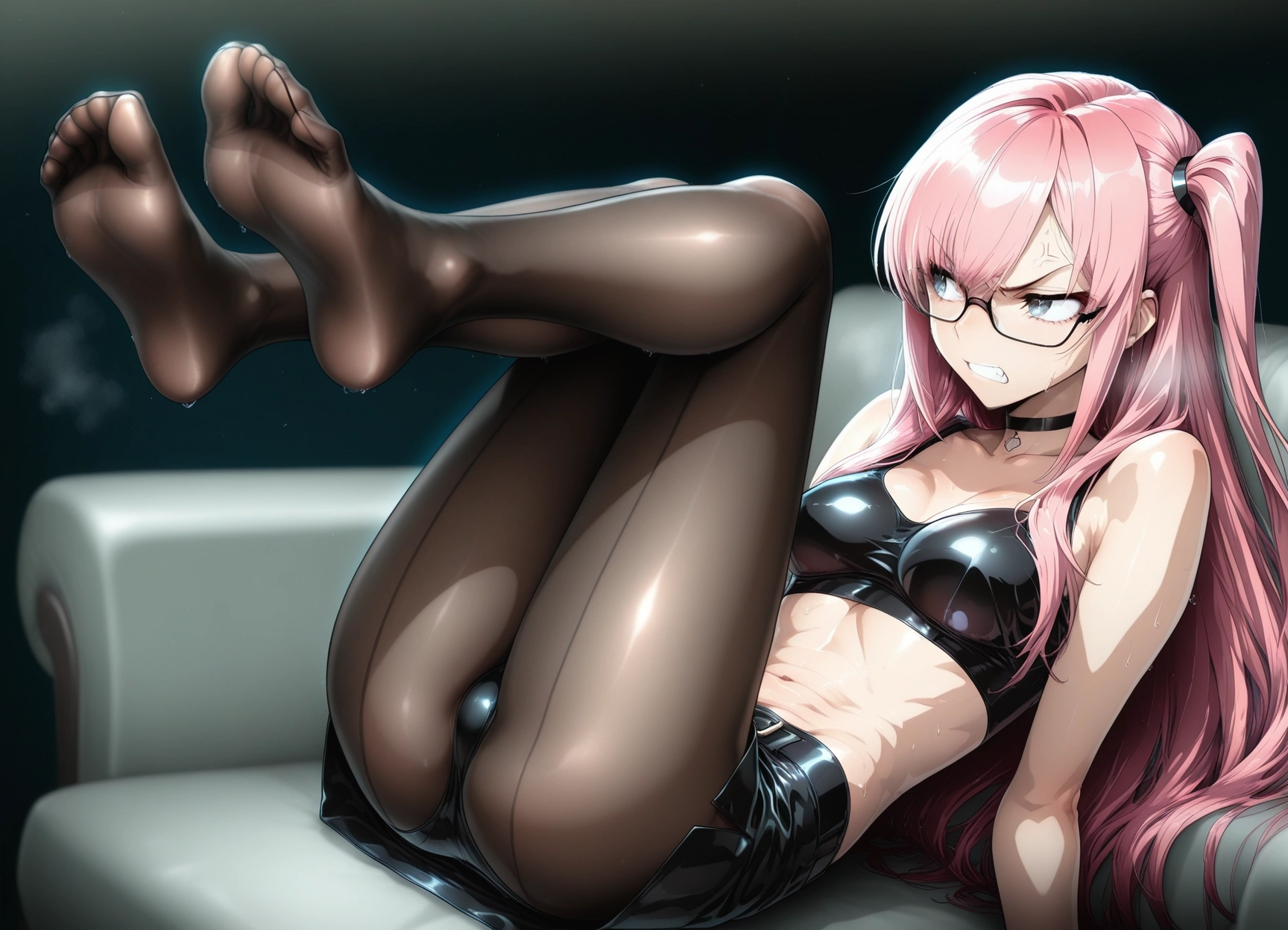 1girl, shiny clothes, pantyhose, solo, blue eyes, legs up · Yamete.gg