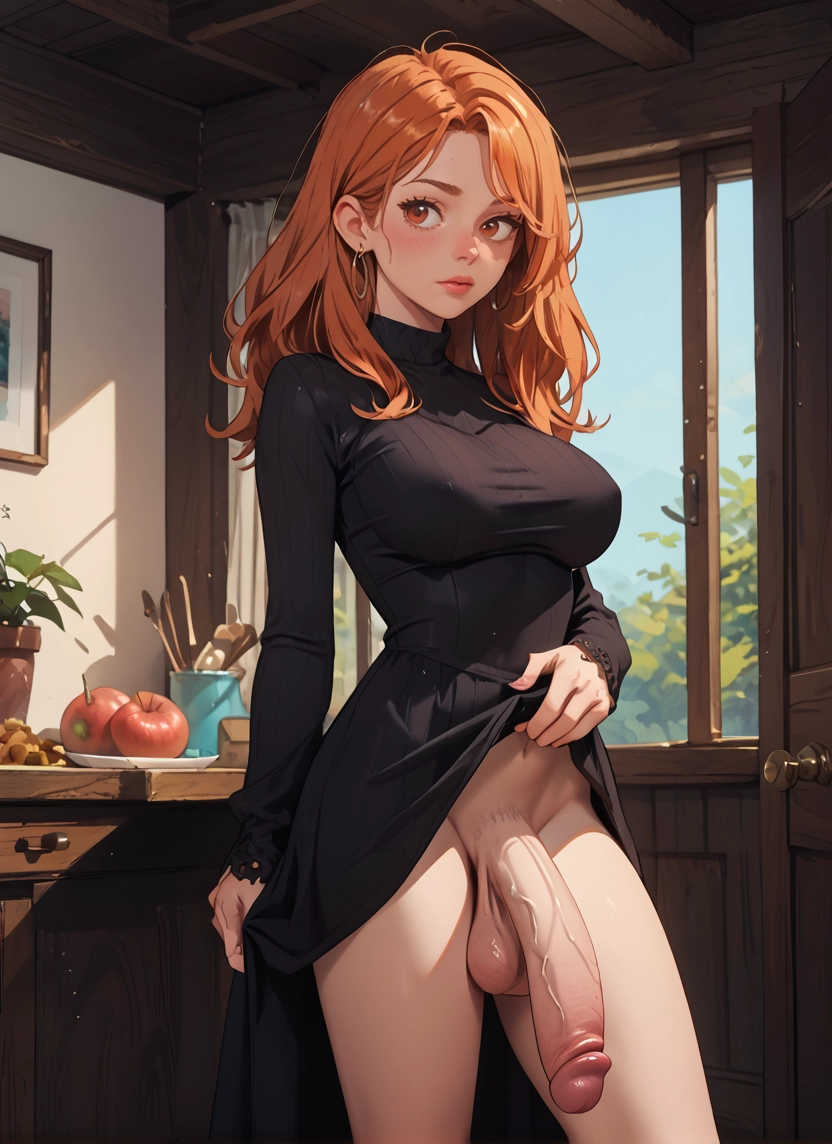 futanari, 1girl, penis, solo, jewelry, earrings · Yamete.gg