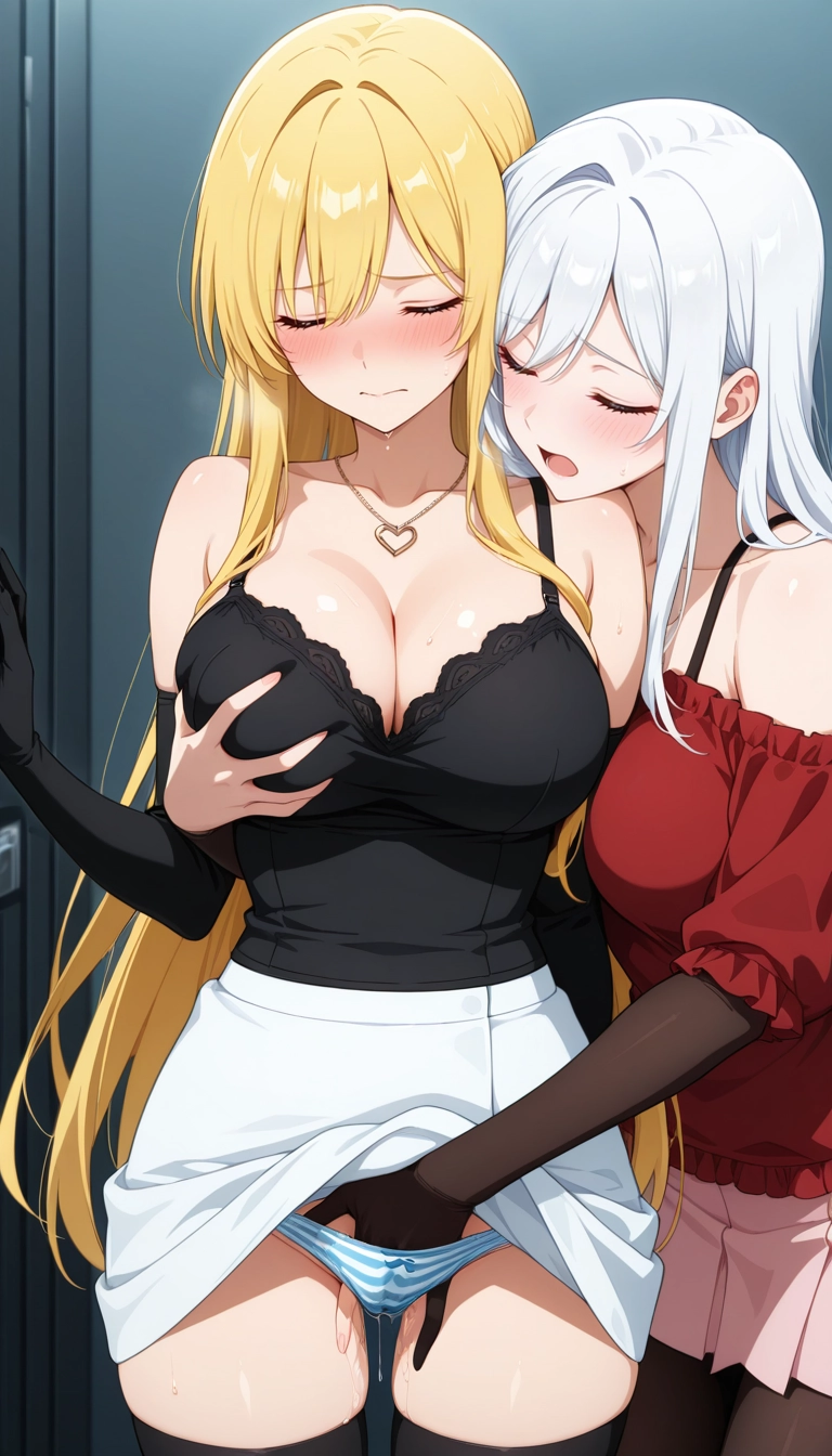 multiple girls, breasts, 2girls, blonde hair, closed eyes, striped · Yamete.gg