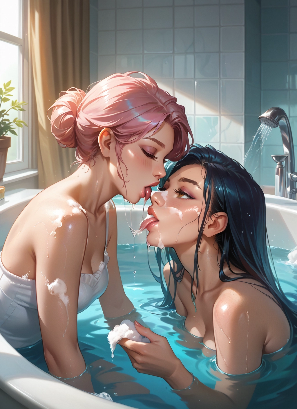 multiple girls, 2girls, yuri, bathtub, black hair, breasts · Yamete.gg