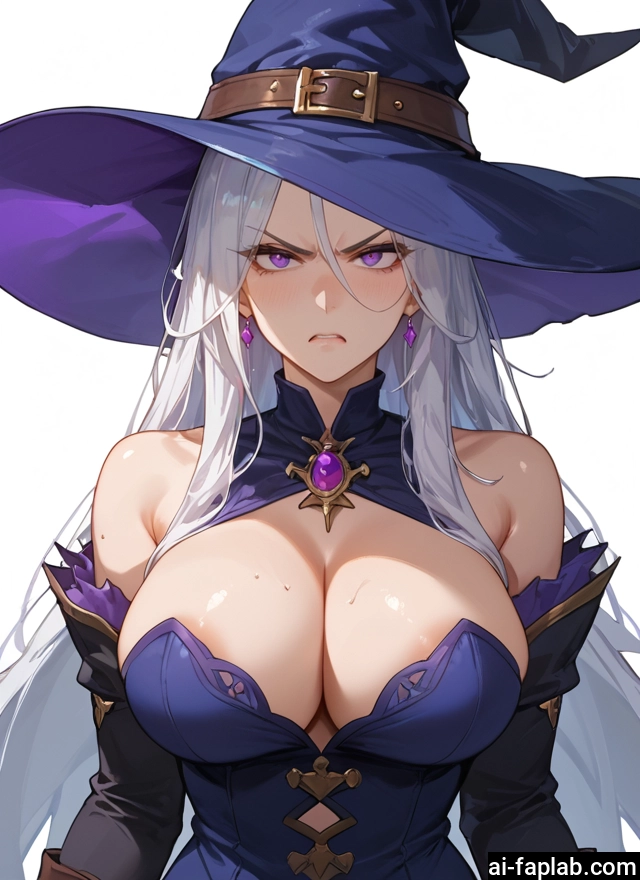 1girl, breasts, hat, witch hat, long hair, jewelry