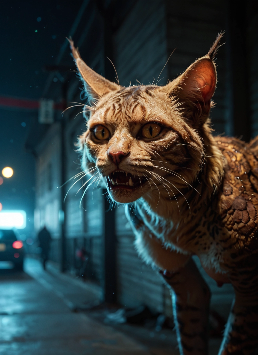 no humans, cat, car, road, night, open mouth