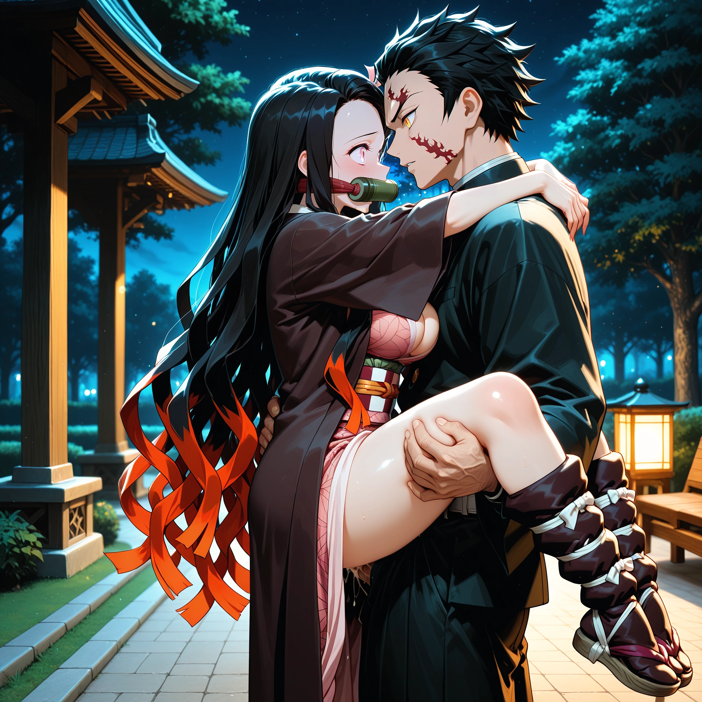1girl, 1boy, gag, japanese clothes, black hair, bit gag · Yamete.gg