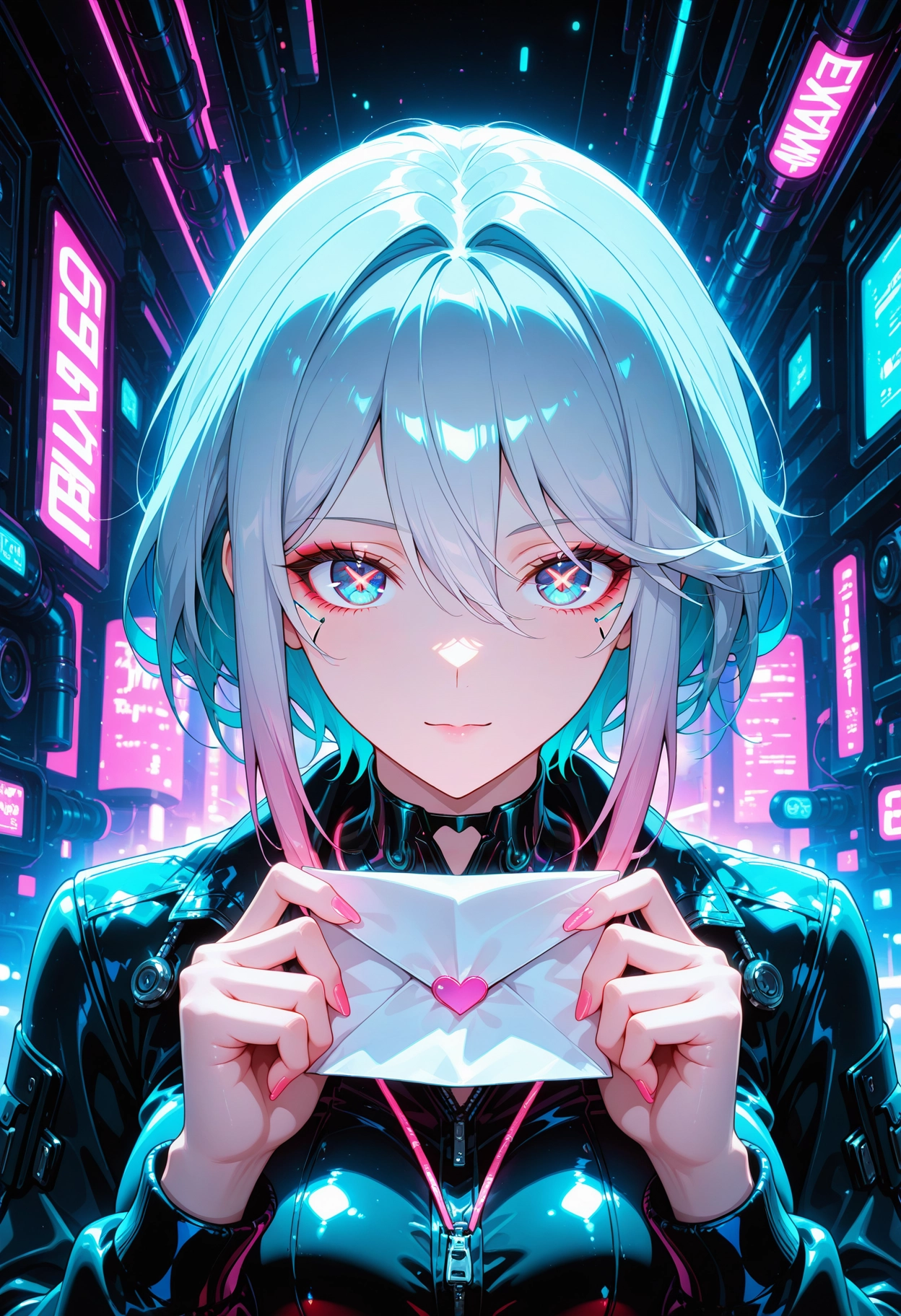 1girl, solo, holding, looking at viewer, cyberpunk, blue eyes · Yamete.gg