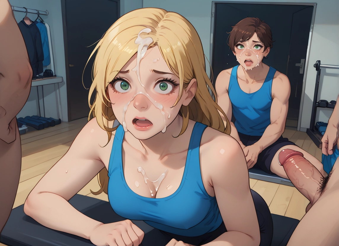 green eyes, breasts, facial, blonde hair, open mouth, multiple boys · Yamete.gg
