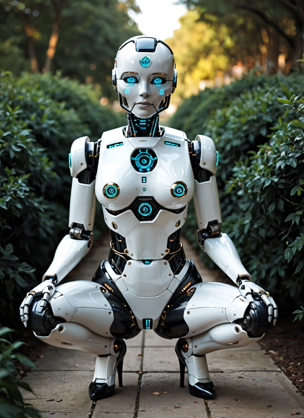 1girl, solo, squatting, high heels, humanoid robot, robot