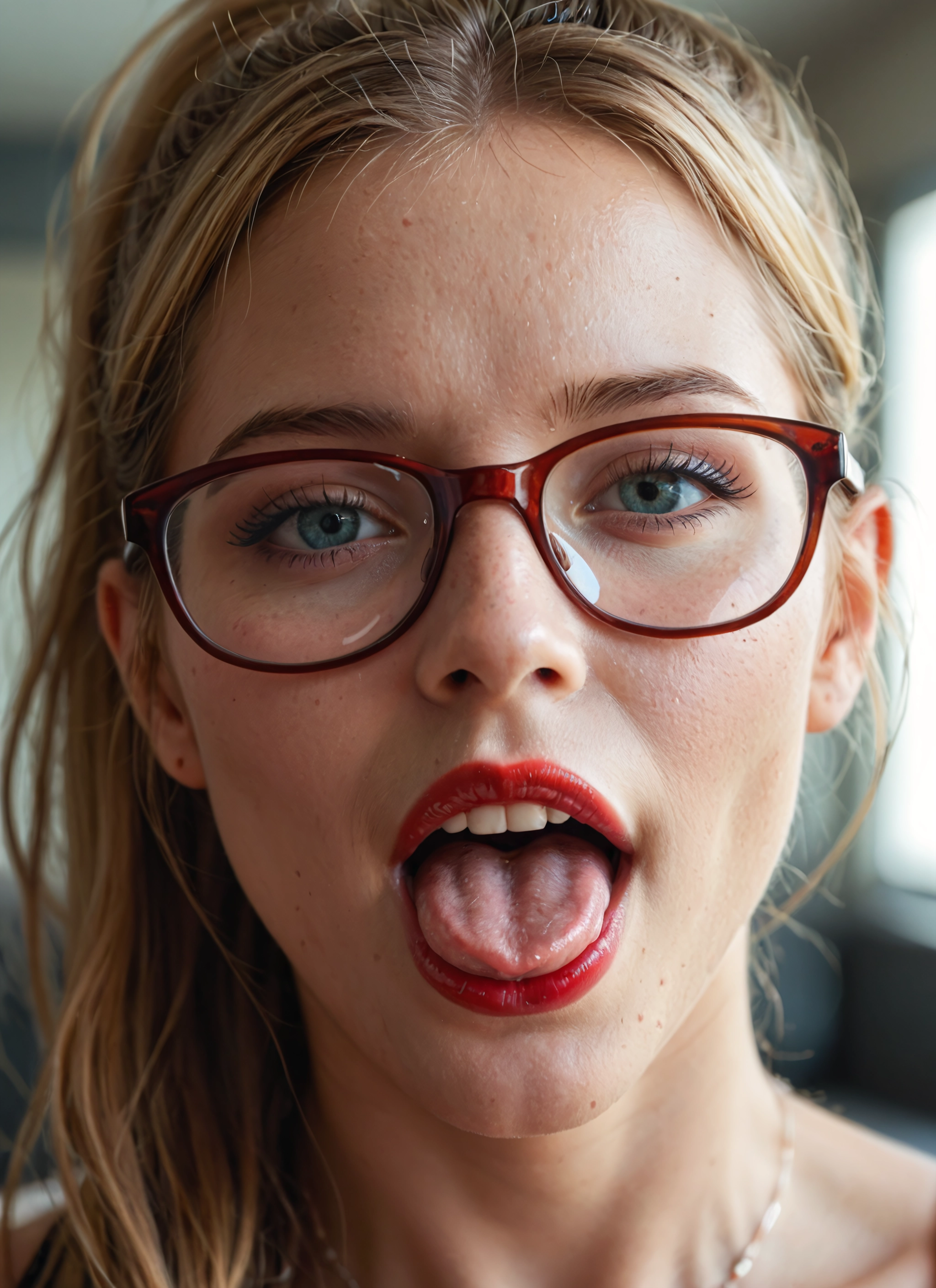 1girl, solo, glasses, blonde hair, jewelry, open mouth · Yamete.gg