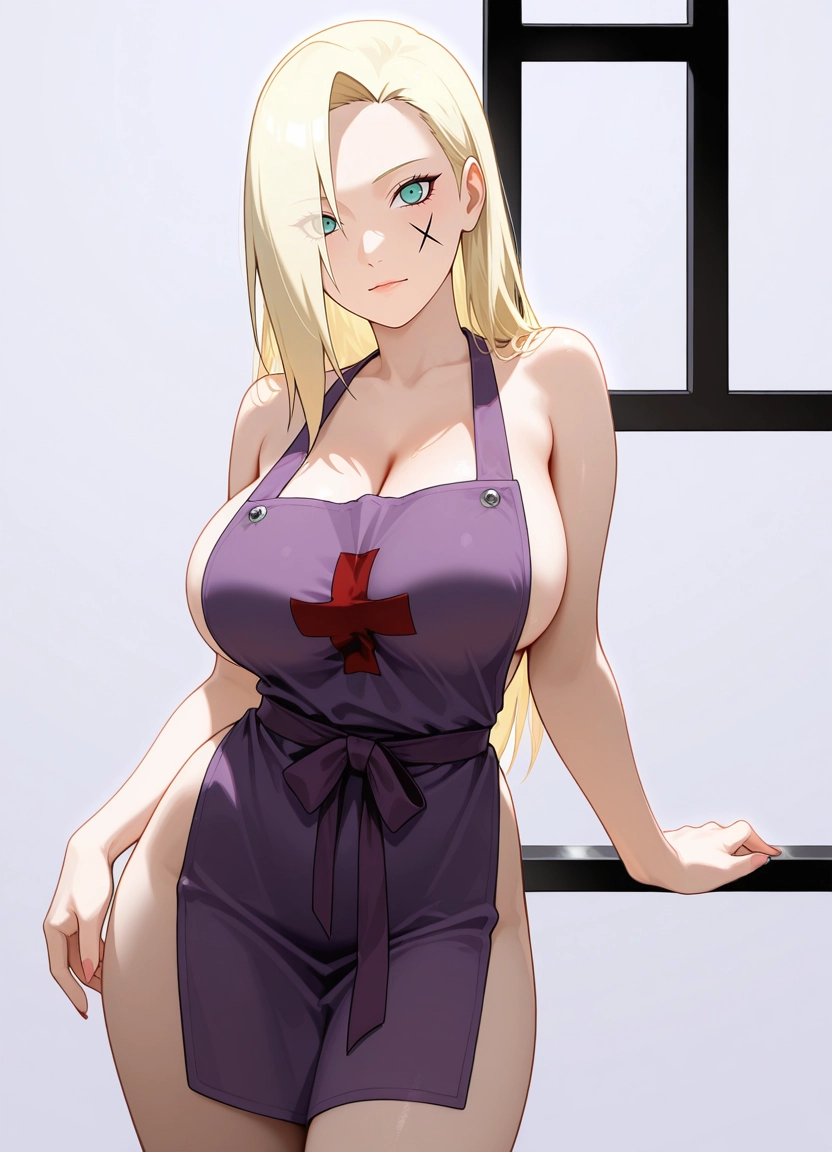 1girl, breasts, solo, long hair, blonde hair, naked apron